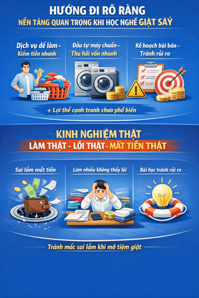 Khóa học học nghề giặt sấy giúp người mới có hướng đi rõ ràng khi mở tiệm giặt, biết chọn dịch vụ dễ làm có tiền ngay, đầu tư máy móc đúng để thu hồi vốn nhanh và tránh rủi ro ngay từ đầu.