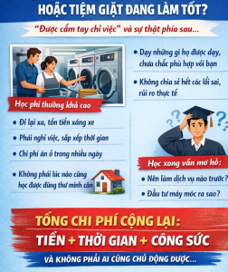 Hình ảnh phân tích thực tế việc học nghề giặt sấy tại trung tâm hoặc tiệm giặt đang làm tốt, những chi phí ẩn và rủi ro cần biết trước khi mở tiệm giặt.